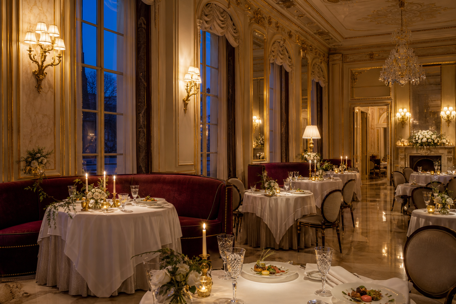 Dining hall at PolonianaRest with linen tables and gold sconces