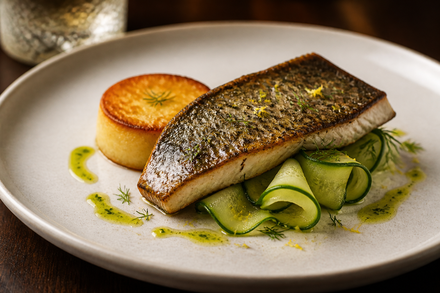 Roasted lake trout with dill oil and potato fondant